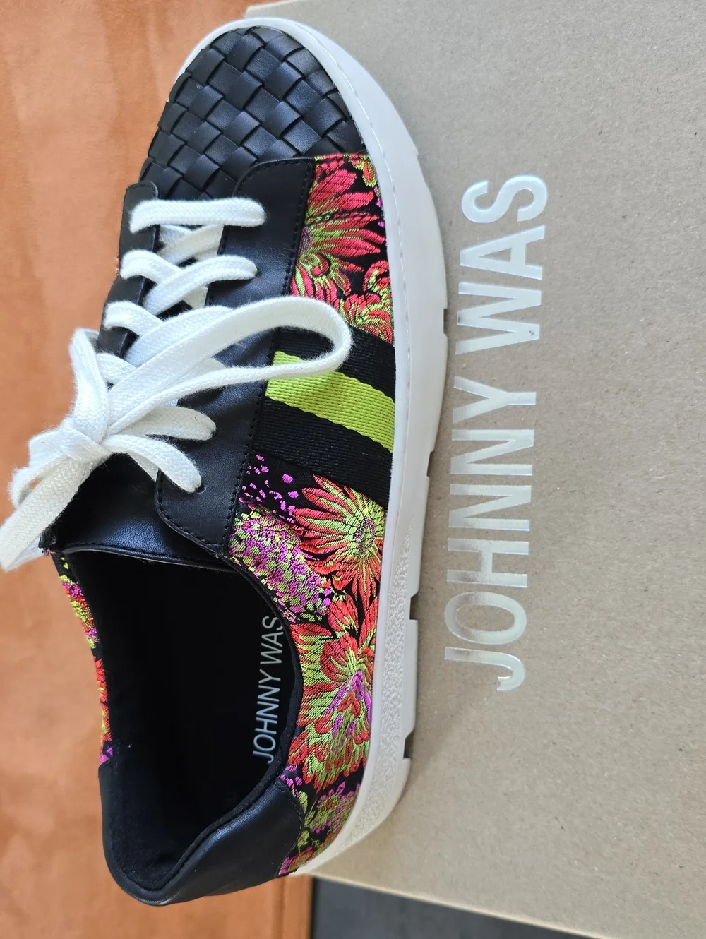 Johnny Was Black Floral Lace-Up Sneakers with Neon Yellow-Green Stripe